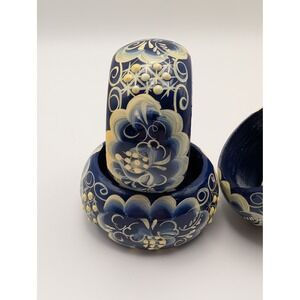 Hand Painted Blue Floral Wooden Napkin Rings Gzhel Style Set of 4